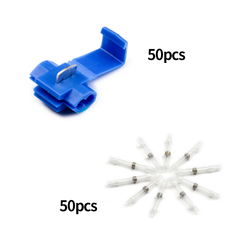 

50Pcs Lock Wire Electrical Cable Connector Blue Insulated Quick Splice Terminals + 50PCS White Heat Shrink Soldering Connectors