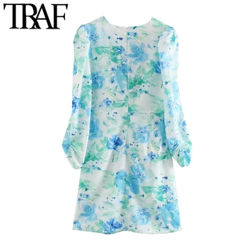 

TRAF Women Chic Fashion Printed Draped Mini Dress Vintage Three Quarter Sleeve Back Zipper Female Dresses Vestidos