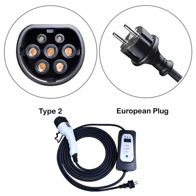 Type 1 J1772 or Type 2 EV charger schuko plug EVSE Charging EV