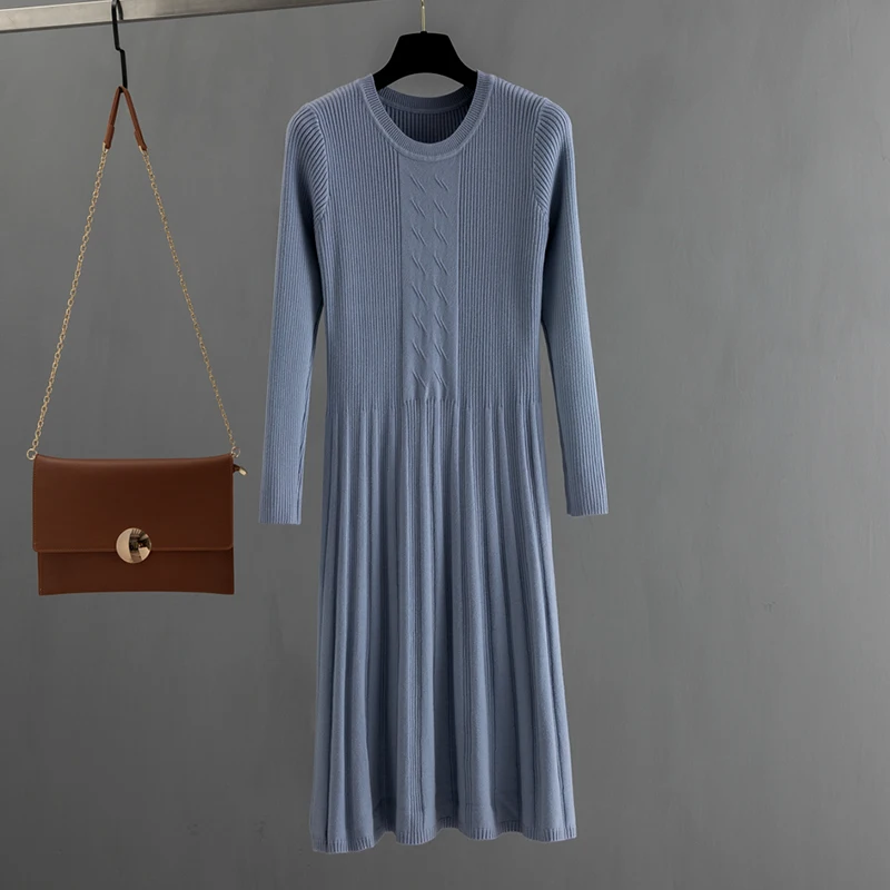 GIGOGOU Осень Зима Женское платье-свитер до середины икры длинные шикарные женские платья трапециевидной формы мягкие вязанные платья - Цвет: blue 033