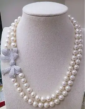 

Jewelry Pearl Necklace classic double strands 8-9mm south sea white round pearl necklace 18-19" Free Shipping
