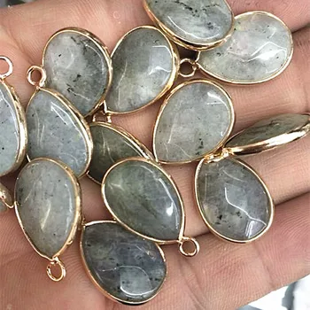 

7pcs nature labradonite stone pendants natural semi precious stone teardrop shape 15x20mm golden plated beads accessories jewelr