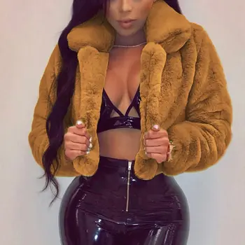 

Winter Warm Fluffy Faux Fur Coats Jackets Women Furry Fake Fur Cropped Jackets Turn Down Collar Open Front Overcoats