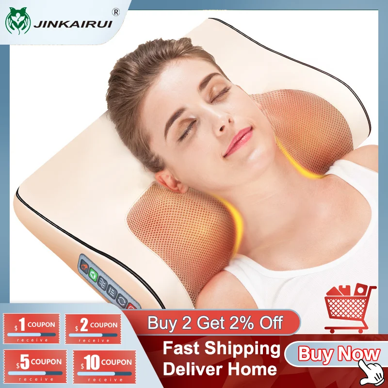 Jinkairui Infrared Heating Neck Shoulder Back Body Electric Massage Pillow Shiatsu Device Cervical Health Massageador Relaxation|massage pillow…