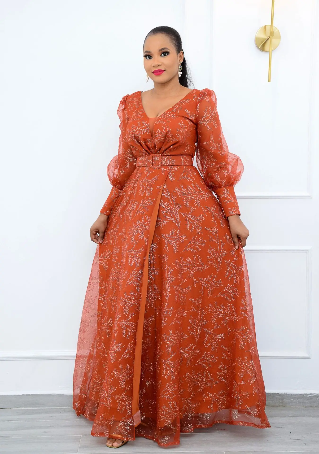 african fashion style Graceful Mesh Patchwork Women Gown Dress Autumn Sexy V-neck Puffy Sleeve High Waist Plus Size Split Floor-length Full Dresses african suit