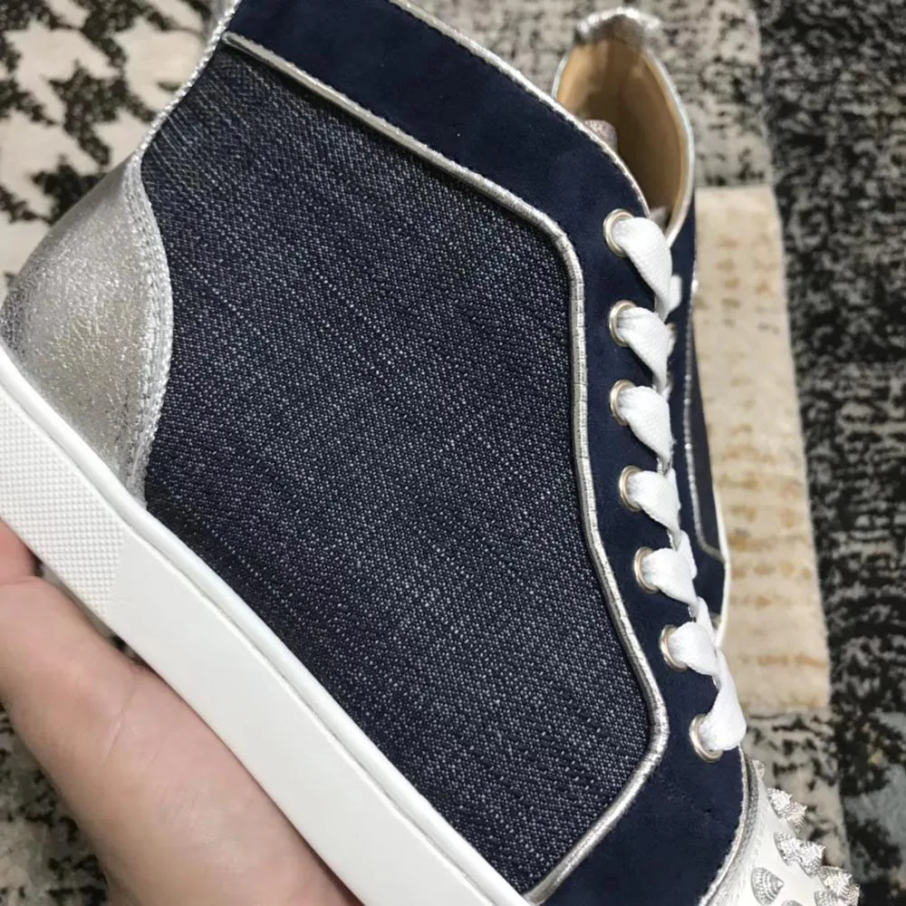 

Top High Top Shoes Blue Denim Threaded Rivets Front Fashion Red Bottom For Men Sneakers Leather Loafers Casual Flat 2018