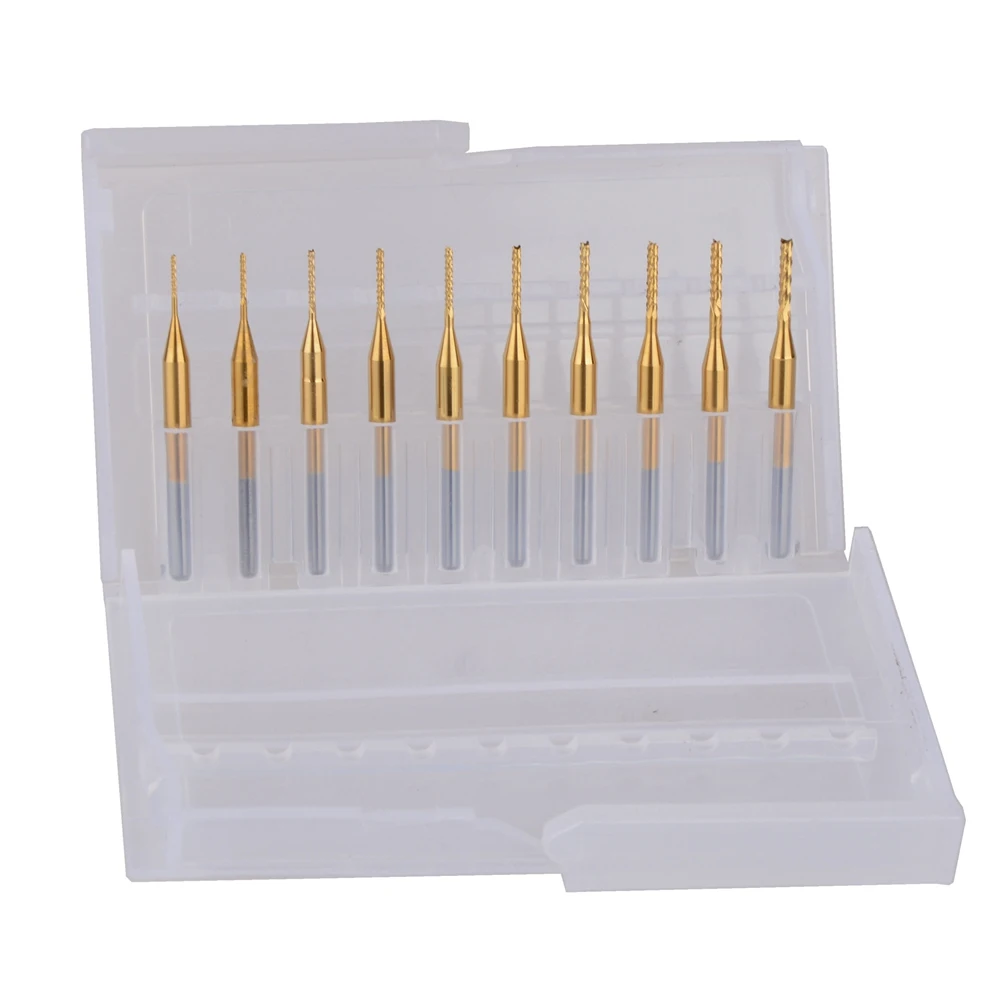 

10pcs Titanium Coat Carbide 0.6-1.5mm PCB Carbide Tools, CNC Cutting Bits, Millinging Cutters Kit for Engraving Milling Machine