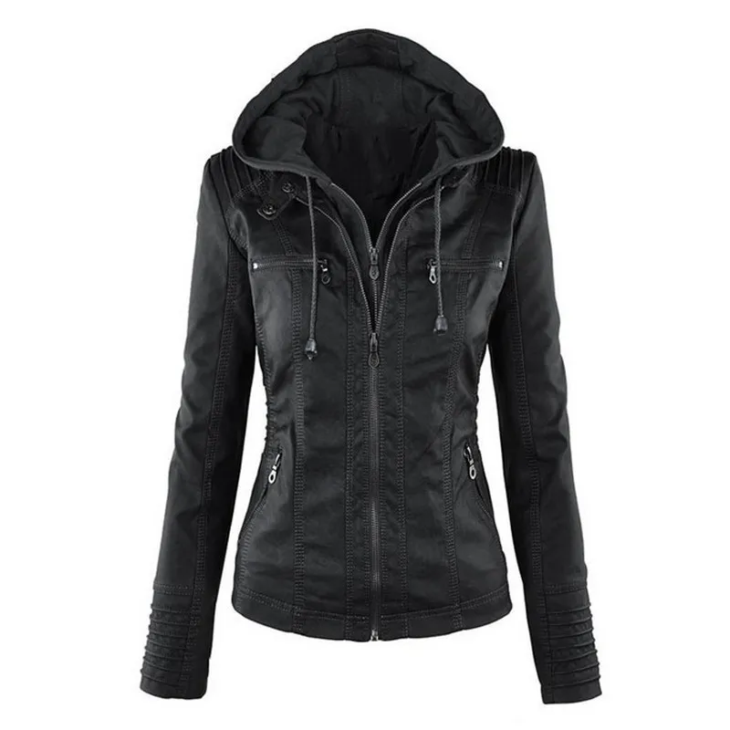 

Gothic faux leather PU Jacket Women Winter Autumn Fashion Motorcycle Jacket Coat Black Hooded Lady Slim Outerwear 2018 Plus Size