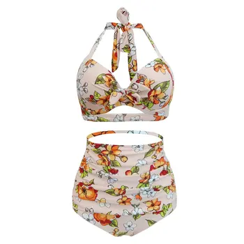 

Retro Swimsuit Gathered Bikini High Waist Large Size Split Swimsuit Female Print Split Backless Small Fresh Swimsuit