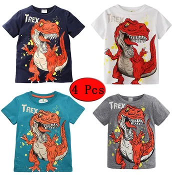 

4 Pcs Summer Little Boys T-shirts Short Sleeve Cartoon Dinosaur Print Tops Multicolor 100% Cotton Clothes for Kids 2-7 Y