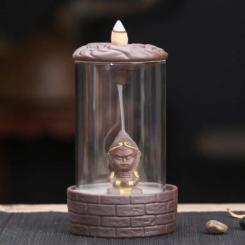 Suwukong Backflow Incense Burner Smoke Waterfall Ceramic Censer Buddhist Decor Monkey King Holder With Acrylic Cover | Дом и сад