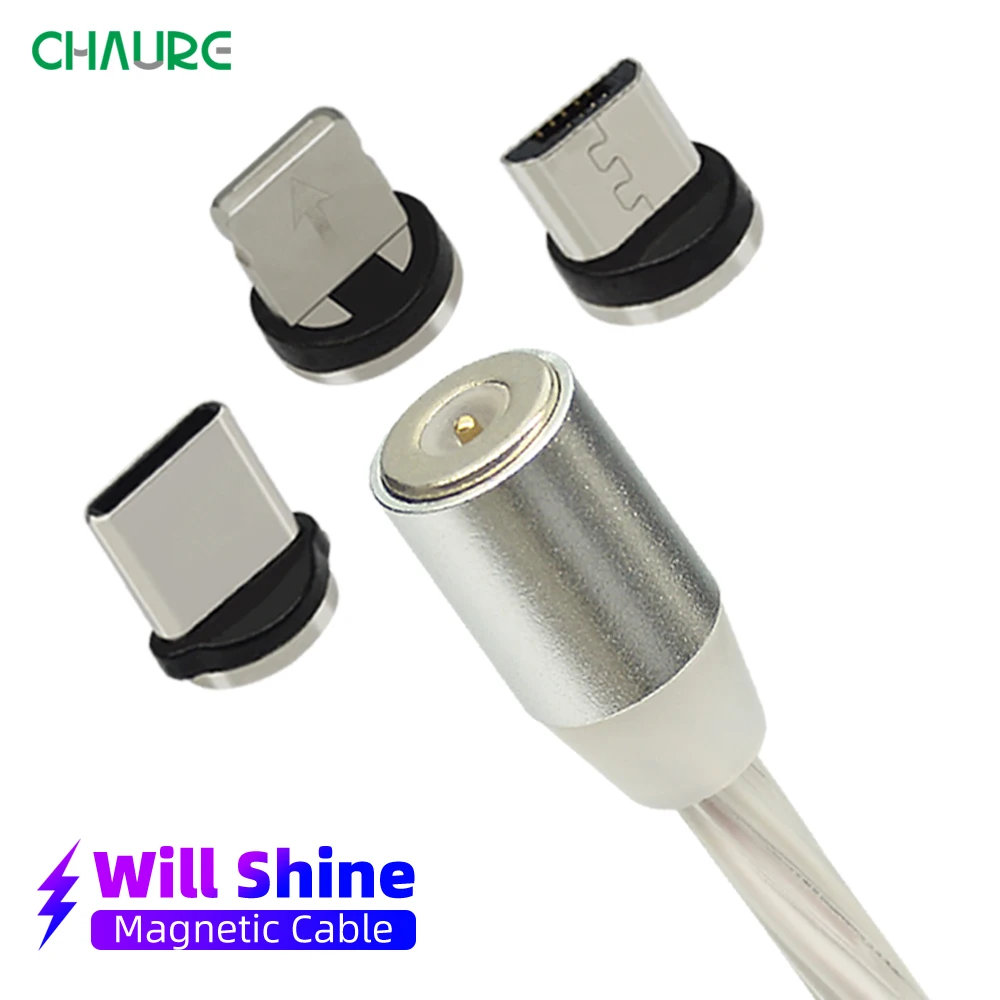 Магнитный светодиодный кабель CHAURE для зарядки mi cro, зарядный usb-кабель для Xiao mi huawei, зарядный кабель для быстрой зарядки T-C, usb-кабель