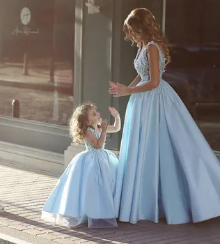 

Sky Blue Cute Baby Girl Dress Lace Top Satin Mother and Daughter Dress Birthday Dress Party Gown