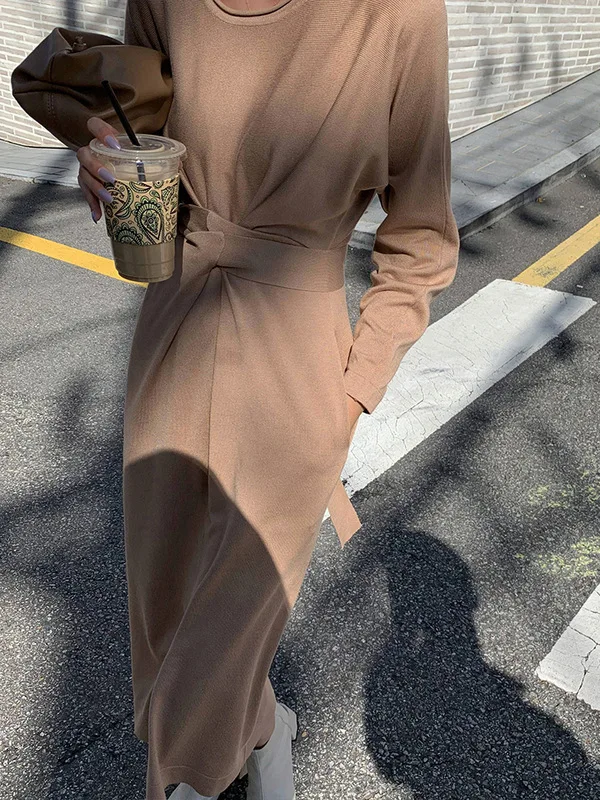 

Jersey Dress Women's 2019 New Style Autumn Mid-length Crew Neck Long Sleeve over-the-Knee Lace-up Cross Skirt
