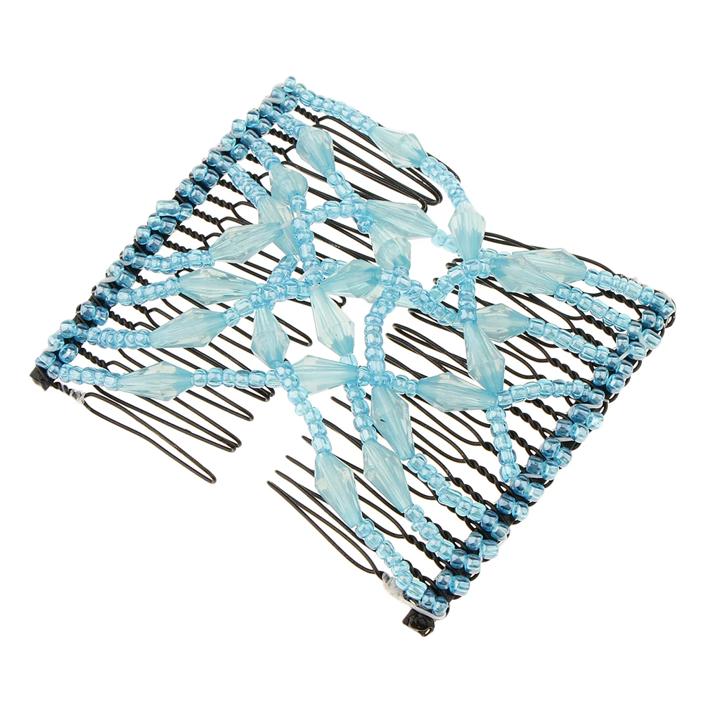 Elegant Women Bow Double Hair Comb Elastic Magic Acrylic Beads Clip Hairstyle Accessory