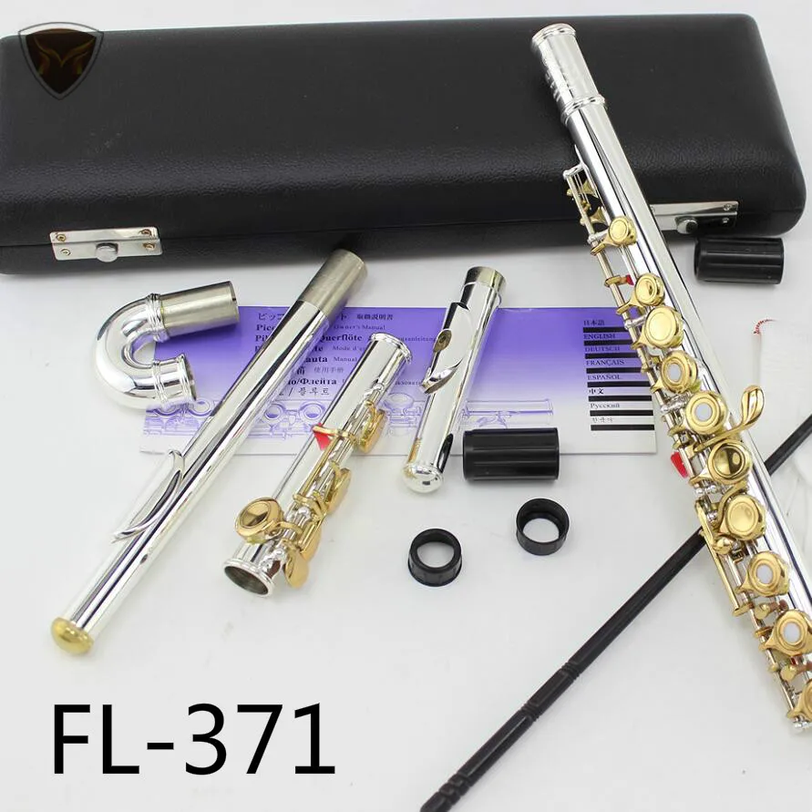 

Hot Brand FL-371 Flute Small Elbow Curved Head the 16 Key Holes Open C Flute Silver Body Gold Keys Instrument Flauta