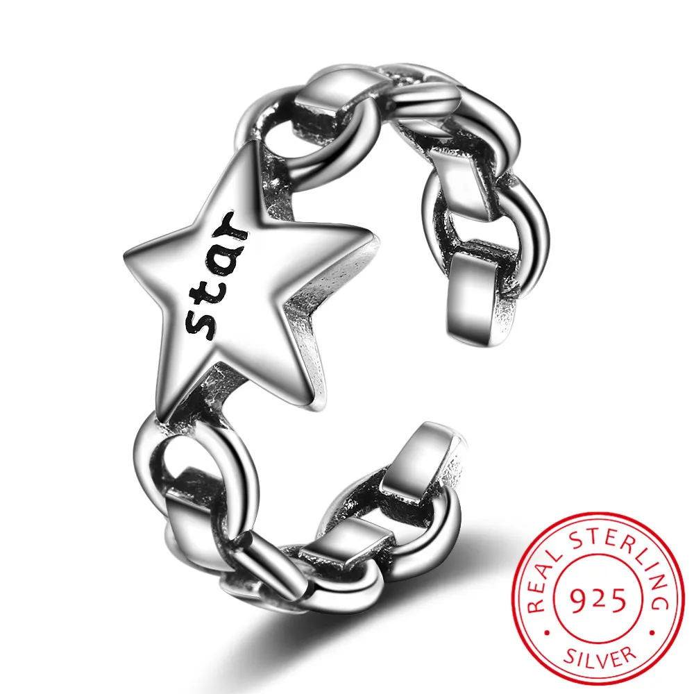 Hot Sale Vintage Pentagram Thai Silver Star Ring 925 Sterling Lock Chain Letter Open Adjustable Fine Jewelry | Украшения и