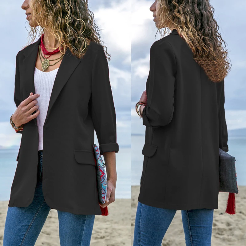 Модный женский блейзер для офиса, женские тонкие куртки однотонного цвета, длинный рукав, карман, маленький Блейзер, черный, XL