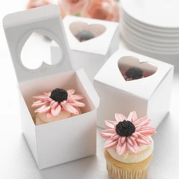 

Single Cupcake Cake Box with Clear Heart Shape Window White Cardboard Small Gift Boxes Christmas Wedding Favor Candy Package Box