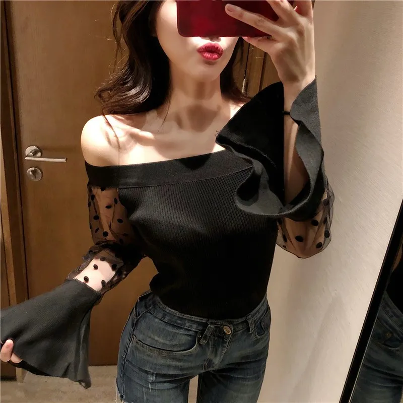 WHITNEY WANG Autumn Fashion Streetwear Sexy Slash neck See Through Mesh Patchwork Knitted Slim Tops Women t shirt