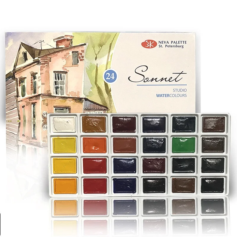 Russian White Night Solid Watercolor 24 Color Acuarelas Paint student full pan Aquarela Drawing set