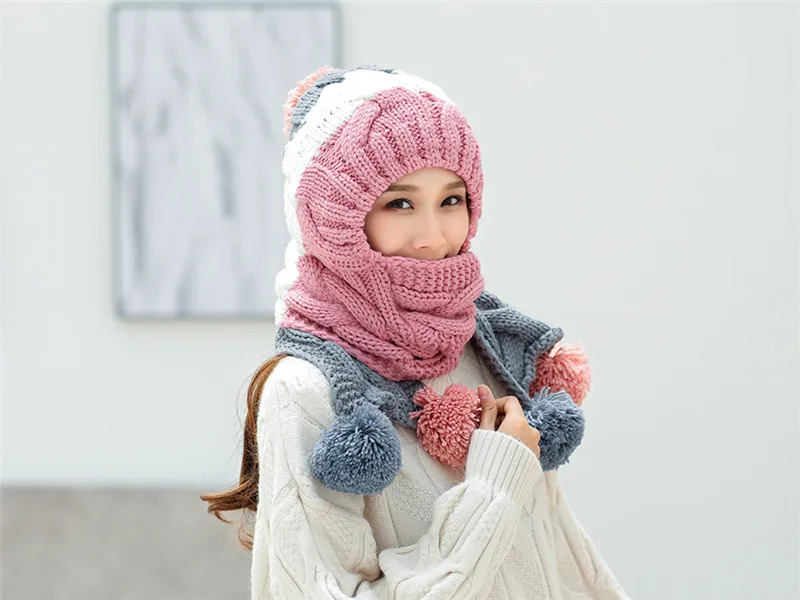 JIUCE043 зима для женщин девочек толстый теплый помпон вязаная шапка+ вязаный шарф набор вязаные Skullies Beanie cap