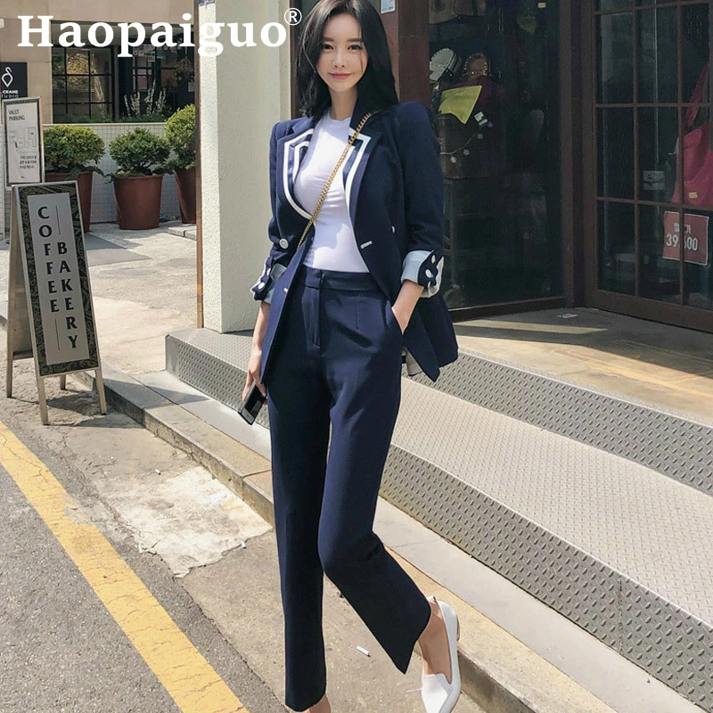 

Plus Size 2019 Autumn Winter Fall Clothes Women OL Work Office Two Piece Set Double Button Blazer and Sheath Pants Solid Suit