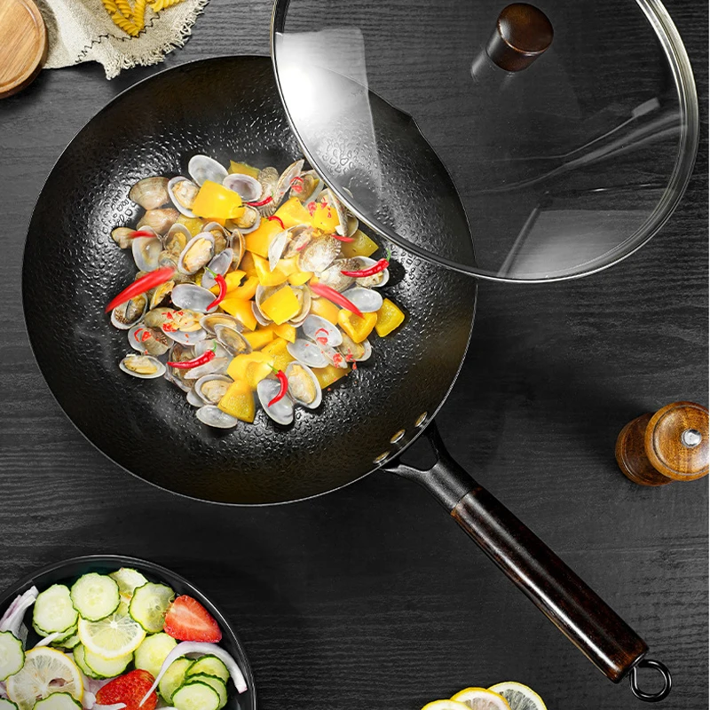 34cm Heavy Iron Wok Traditional Hand-forged Cast Iron Wok Non-stick Pan  Non-coating Gas Cooker Kitchen Cookware - AliExpress