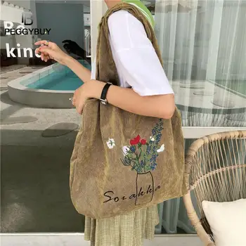 

Women Reusable Shopping Bag Shoulder Bag Corduroy Shopper Flower Print Women Handbag Corduroy Shoulder Bag Large Shopping Totes