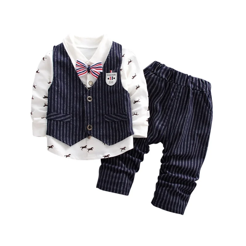 

New Autumn Baby Boys Sets Long Sleeve Gentleman Soft Cotton T-Shirt Tops+Stripe Vest+Long Pants Trousers Boy Toddler Outfits