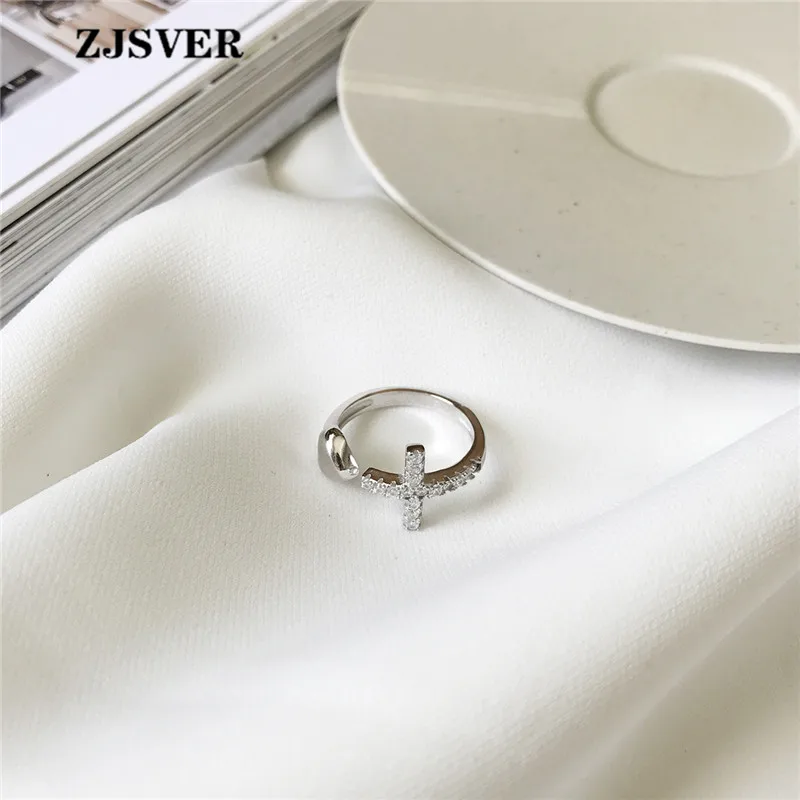 

ZJSVER Korean Jewelry 925 Sterling Silver Ring Fashion Simple Silver Micro-inlay Heart Cross Opening Adjustable Women Ring