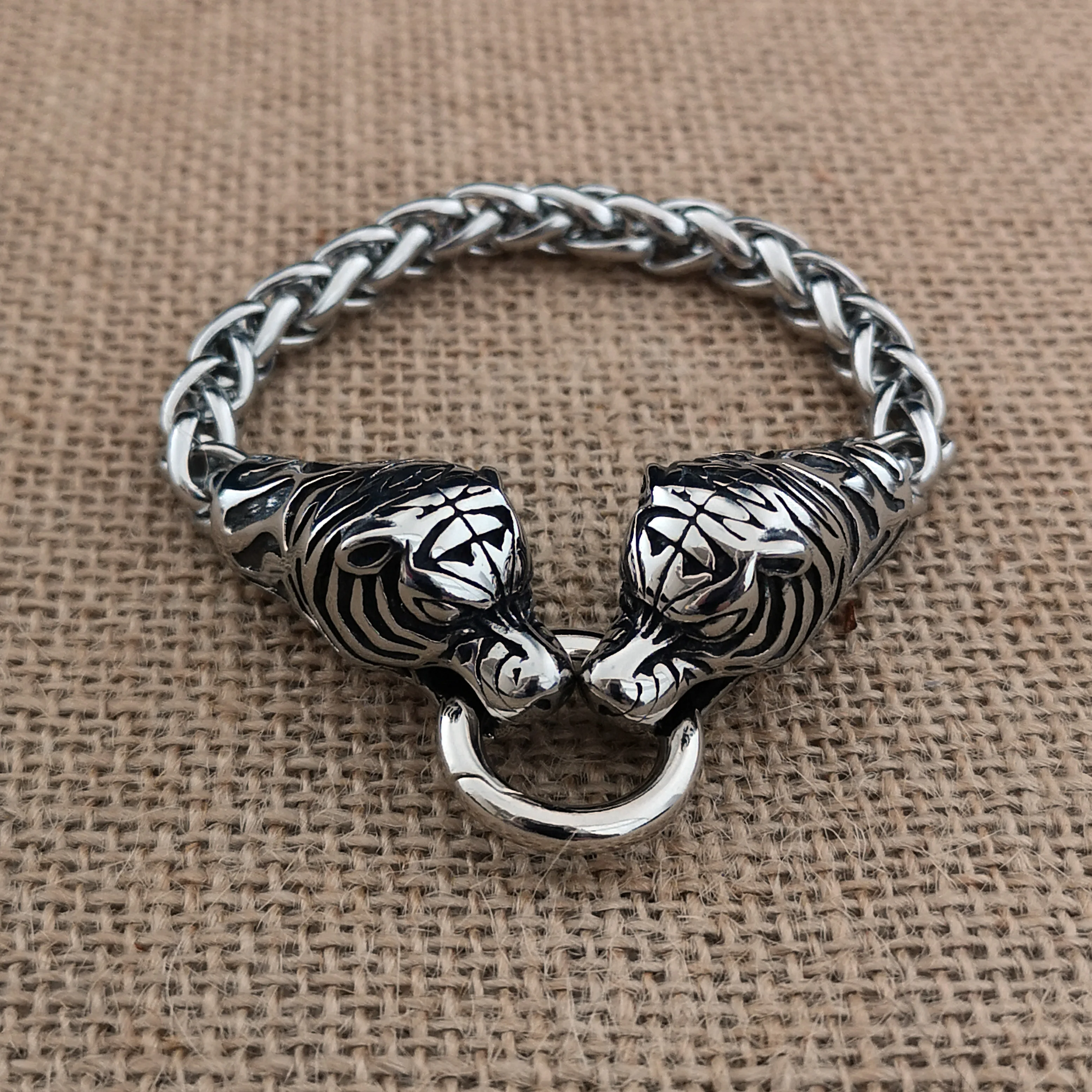 Скандинавский Викинг, браслет из нержавеющей стали с двойной головой тигра, браслет из титановой стали, браслет в стиле панк, ювелирные изделия
