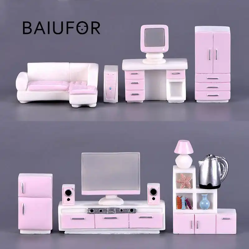 Baiufor miniaturas, casas de boneca decoração, modelo de móveis sofá tv gabinete estante lâmpadas fezes acessórios terrário estatuetas