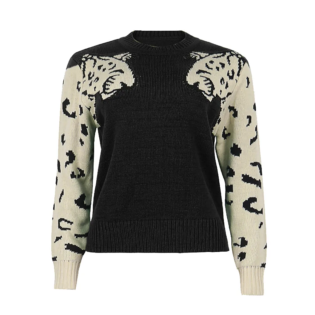 Jaycosin Fashion Women Simple Wild Animal Print Patchwork Sweater Stylish Long Sleeve Comfortable Casual Loose Top Blouse 928#4
