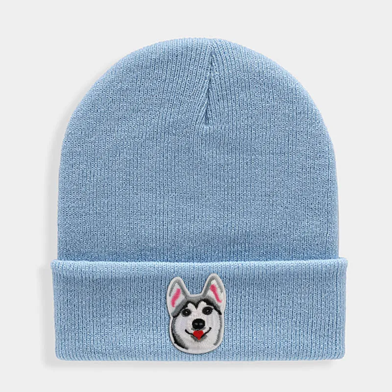 Huskies Hats Fashion Patches Sweet Beanie For Unisex Winter Brimless Stretchy Bonnet Solid Color Outdoor Cap Knitted Beanie - Цвет: Небесно-голубой