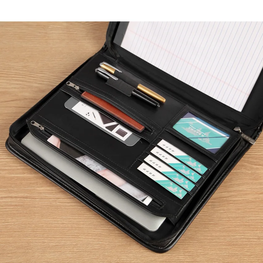 A4 leather document zipper bag black organizer bags men's manager bag briefcase for documents padfolio file zipped folder 1179B