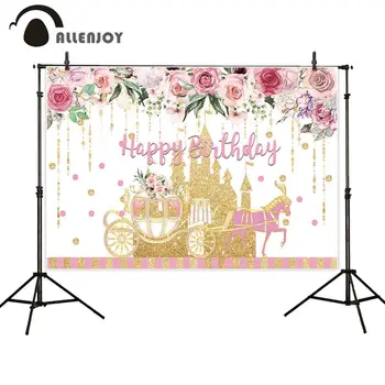 

Allenjoy Happy Birthday Event Supplies Golden Glitter Castle Carriage Flowers Leaves Dot Stripes Curtains Princess Party Decor