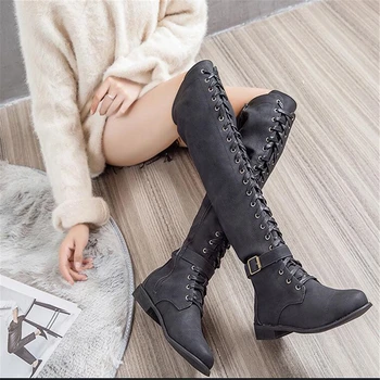 

Woman front lace up knee high martin boots winter warm plush shoes gladiator long booties thick heel platform sapatos feminino