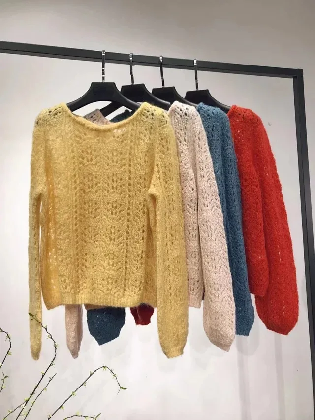 Осень и зима женский свитер сплошной цвет круглый вырез полые свободные мохер свитер женский