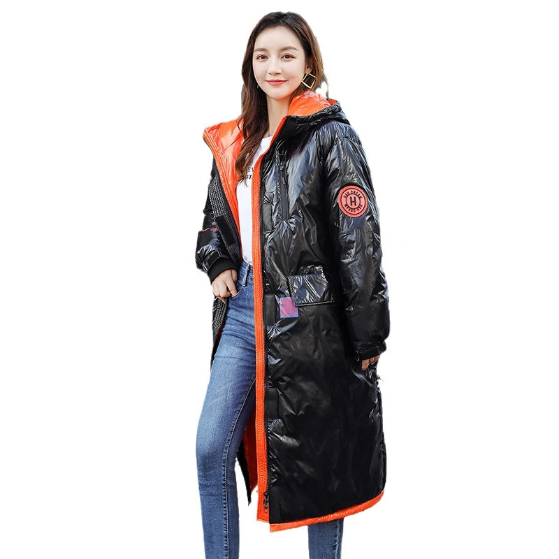 

LINGWAVE 2020 Winter New Student Shiny Jacket Women Mid-Length Loose Thick Cotton Parka Coat Long Warm Black Outerwear Female