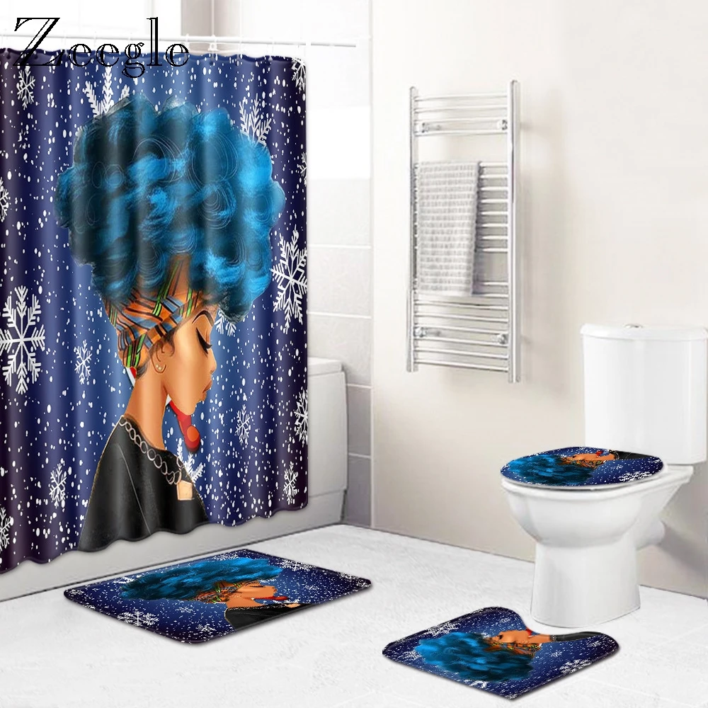 

Zeegle Chrisrmas Bath Shower Curtain 4pcs Printed Bathroom Set Cartoon Non-slip Soft Mat Bathroom Foot Rug Doormat Toilet Carpet