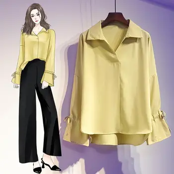 

2 Piece Set Women Spring Wide Leg Pants Set Chiffon Top + Black Wide Leg Pants Casual Korean Two Piece Outfits Clothing F14