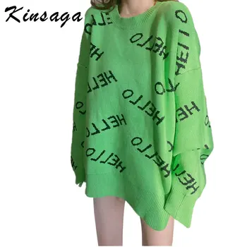 

Harajuku BF Oversize Letters Tides Print Knitting Sweater Kinsaga Autumn Streetwear Knitted Pullover Ladies Loose Knit Tops