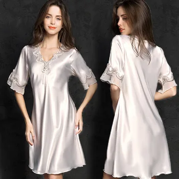 

Spring and Summer New Home Service Ladies Sexy Nightdress Imitation Silk Nightdress Thin Section Sleepwear Night Gown Sleep Tops