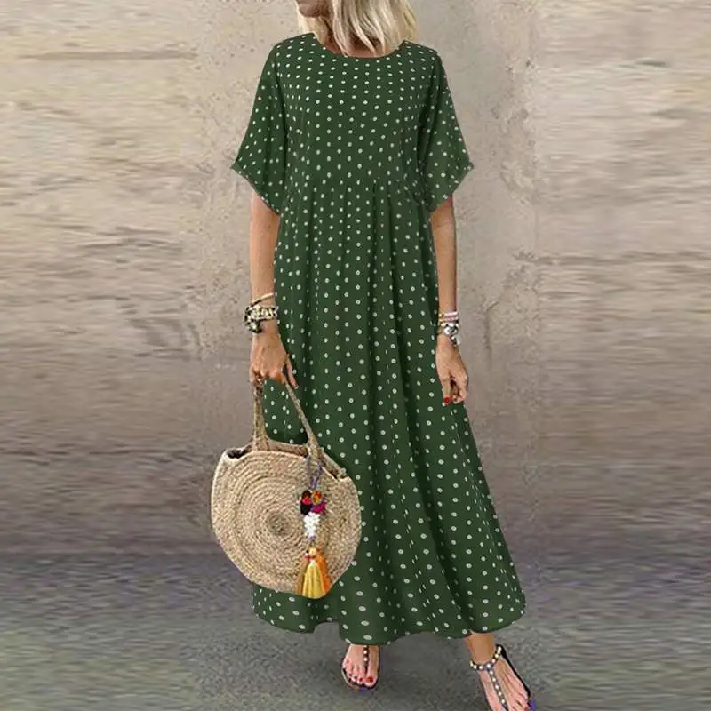 Женский сарафан с принтом ZANZEA модное Повседневное платье макси с круглым вырезом Летнее Длинное Vestidos женский плиссированный халат большого размера
