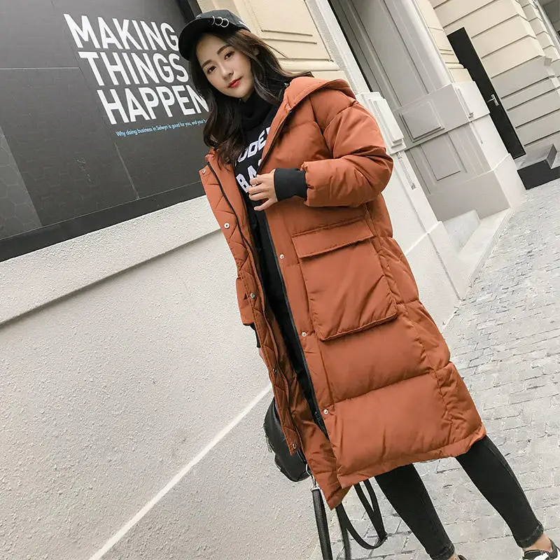 Oversize Down Cotton Coat Female Parka Loose Long Winter Jacket Women Clothing Pockets Student Hooded Jackets Women Padded Q2050