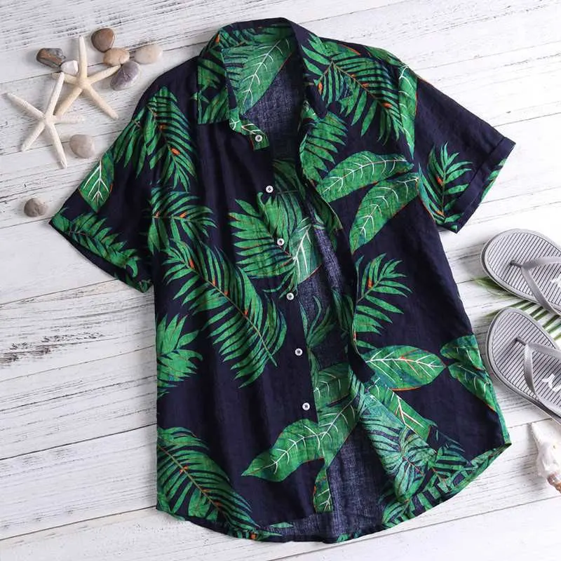 Повседневные мужские пляжные Гавайские рубашки из хлопка с цветочным принтом, гавайская свободная пляжная одежда с коротким рукавом, Повседневная рубашка на пуговицах - Цвет: Зеленый