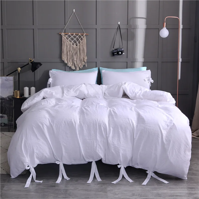 

Washed Fabric Pure Color Bedding Set White Black Duvet Cover Sets with Ties Soft Quilt Cover Bed Linen