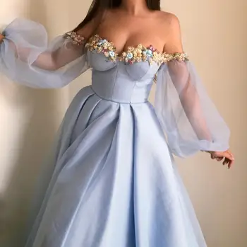 

Elegant Muslim Evening Dresses 2019 A-line Long Sleeves Tulle Flowers Islamic Dubai Saudi Arabia Long Evening Gown Prom