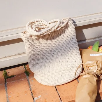 

Women Casual Shoulder Bags Vietnam Handmade Woven Bucket Handbag Bohemia Beach Woolen Straw Drawstring